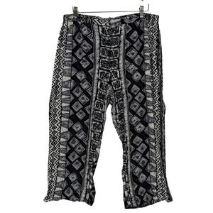 Karibo Cropped Pants‎ Women XXL Black White Geometric Tribal Print Wide Leg Bead